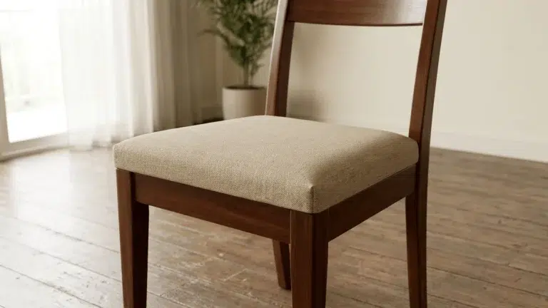 Wooden chair with newly upholstered seat cushion and smooth fabric finish near window light