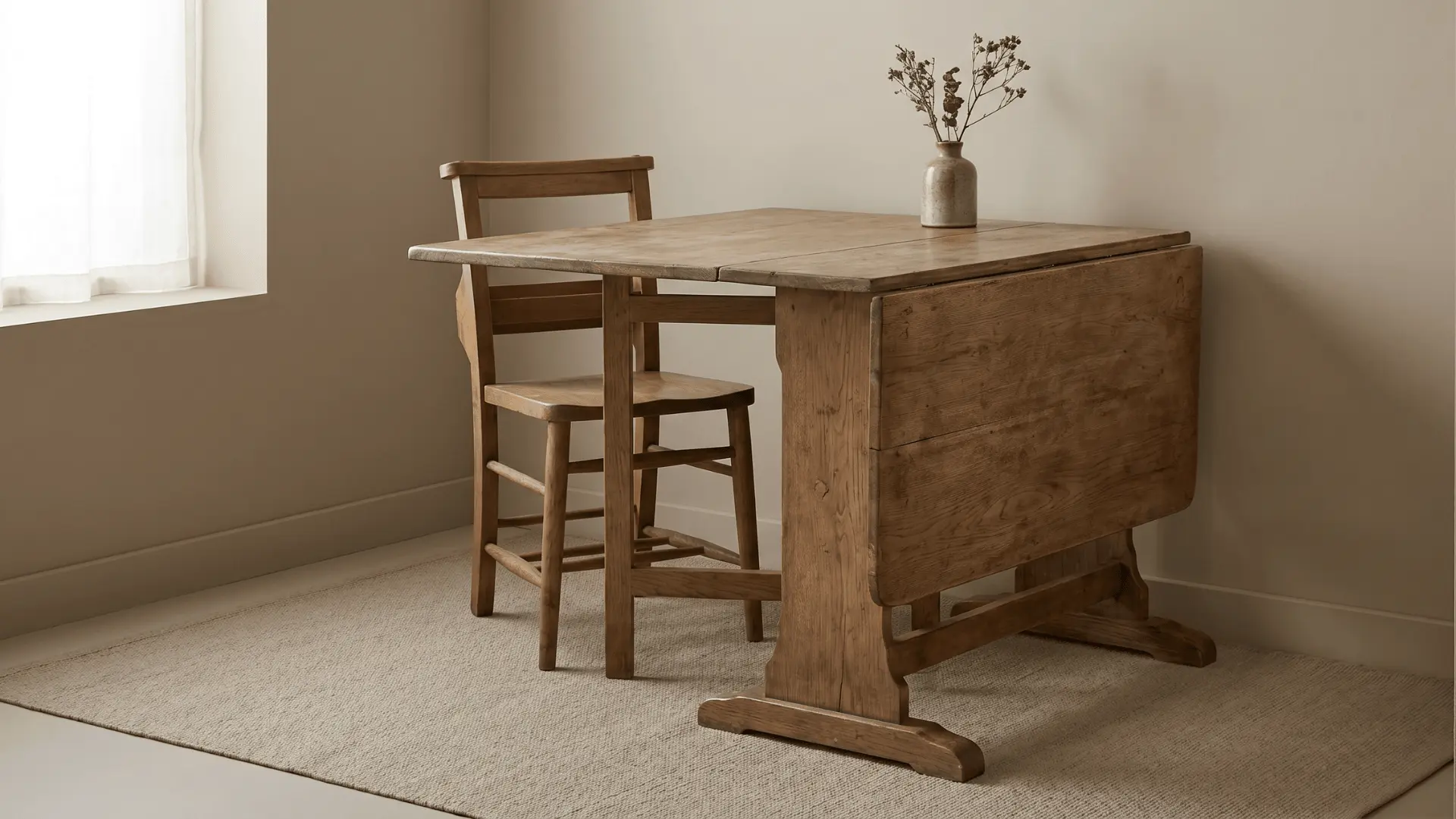 Wooden drop-leaf table with one side raised and the other folded down in a small room