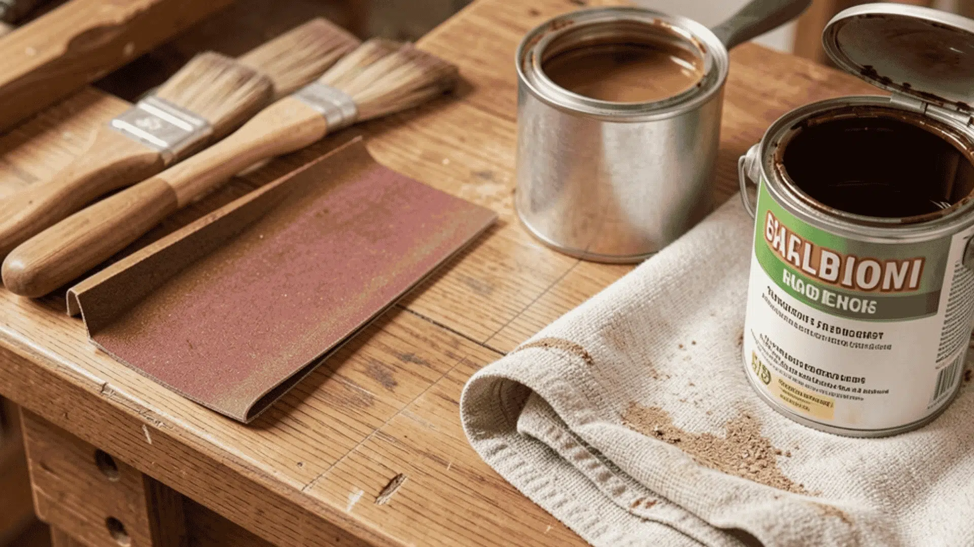 Wooden furniture prepared for staining, with tools like sandpaper, a cloth, and an open can of wood stain arranged neatly on a clean workbench.