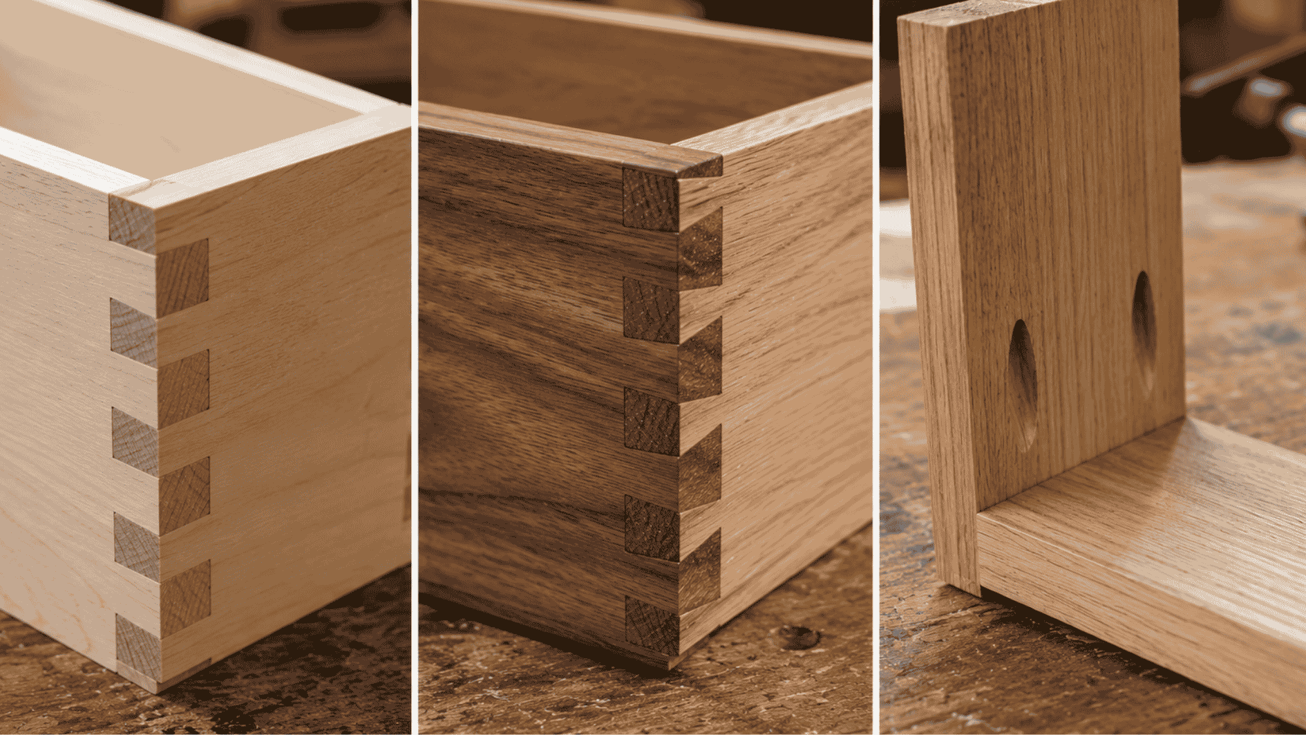 woodworking collage showing box joint, dovetail joint, and pocket hole joint on a workshop bench.