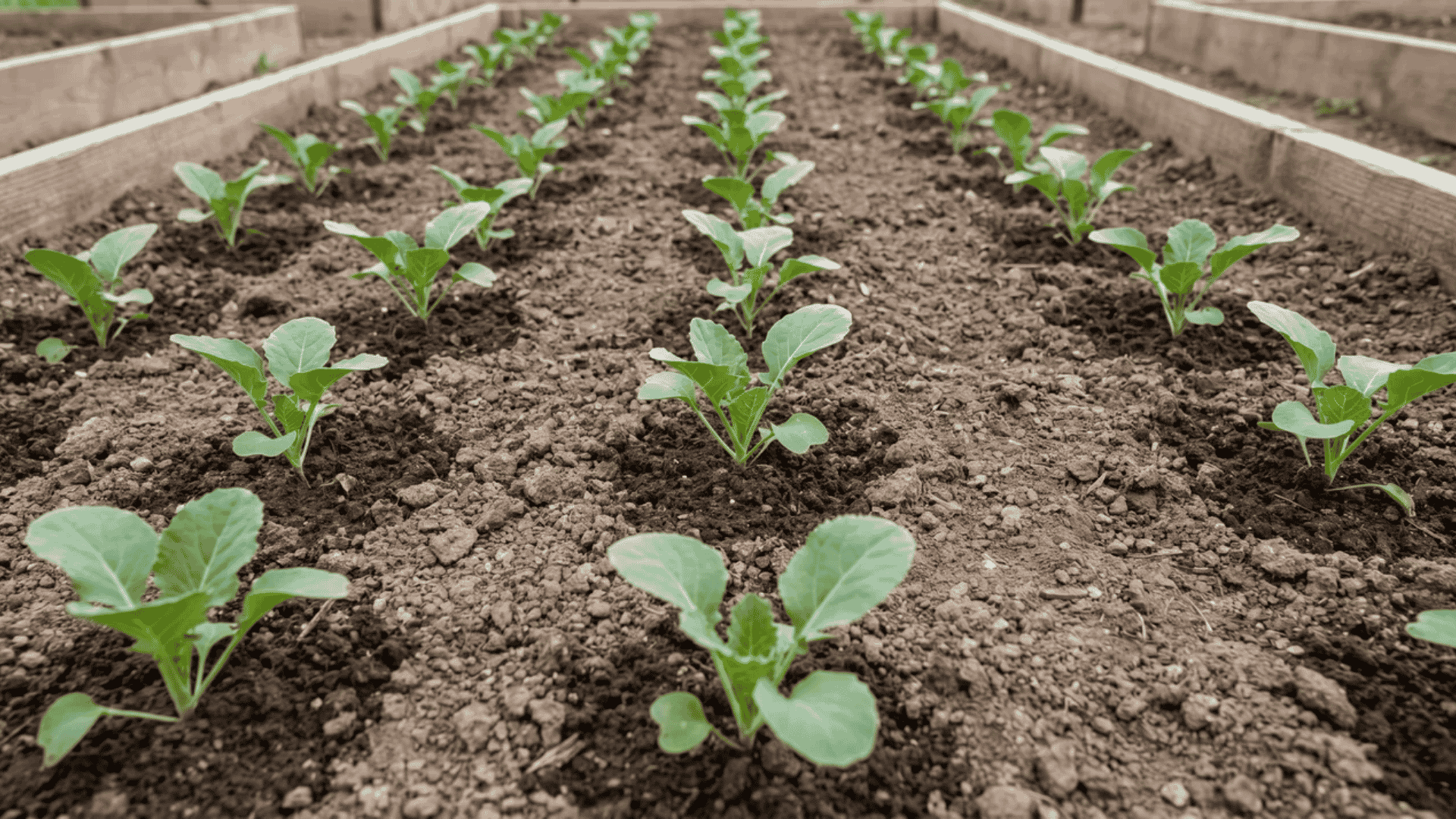 Young broccoli seedlings planted in evenly spaced rows in an outdoor garden bed.