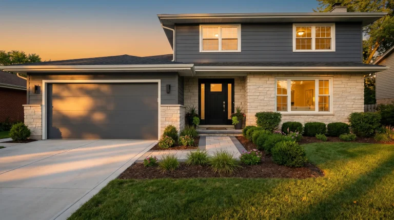 Two-story house with stone facade and black door at sunset, surrounded by manicured shrubs and lawn