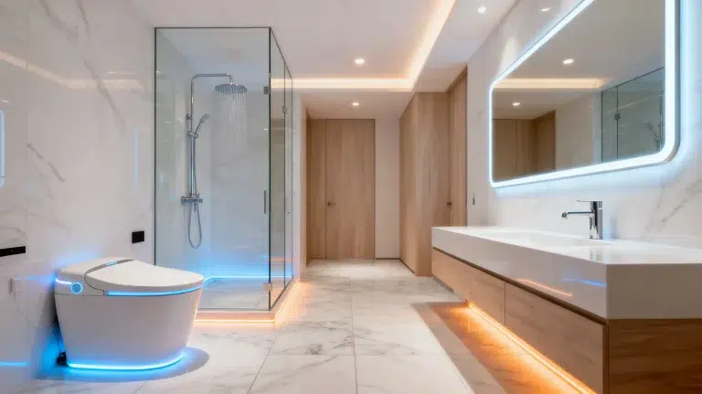 Modern bathroom with glass shower, illuminated toilet, and large backlit mirror in bright setting
