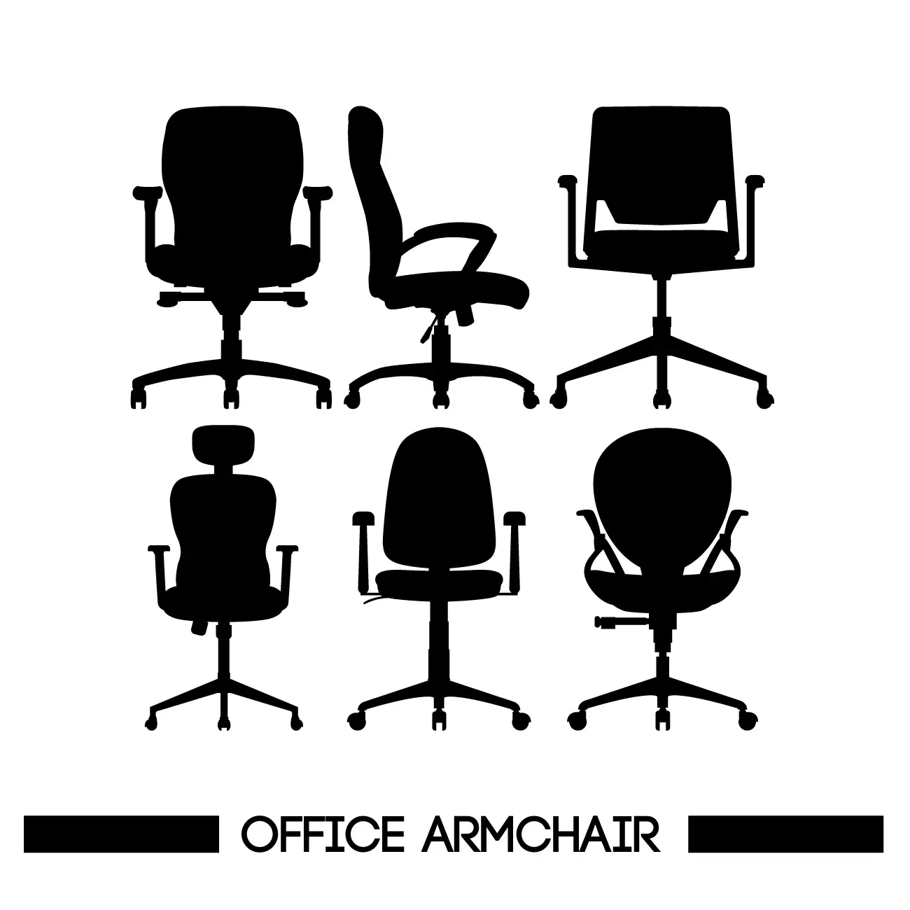 Silhouettes of six different office chairs on a white background