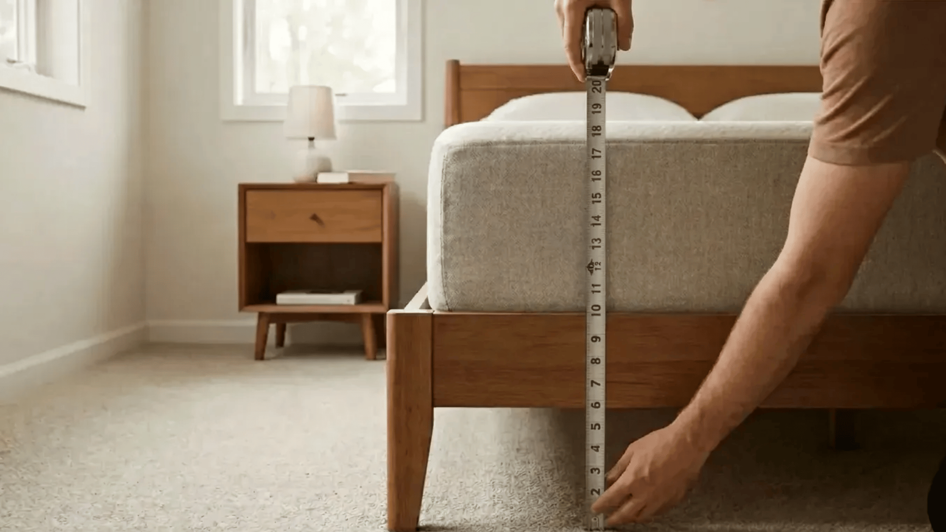 A person measures the height of a mattress and wooden bed frame in a minimalist bedroom using a tape measure.