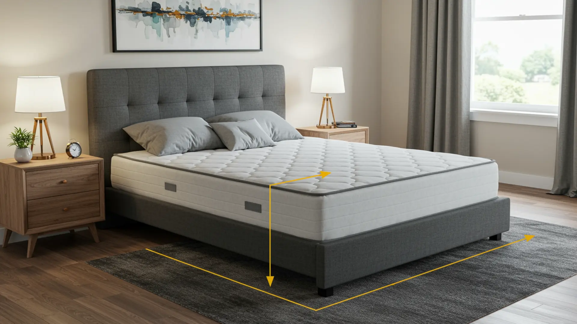 Bed with nightstands that are different and measuring mattress height