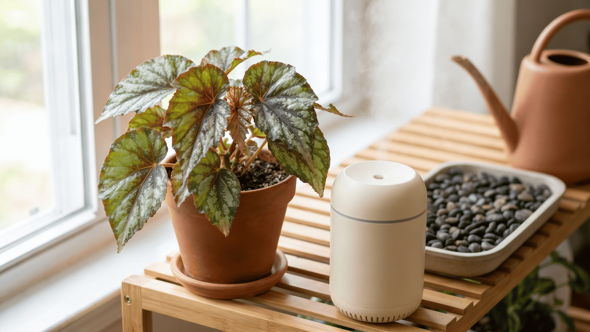 Begonia plant beside a humidifier and pebble tray on an indoor plant shelf near a window