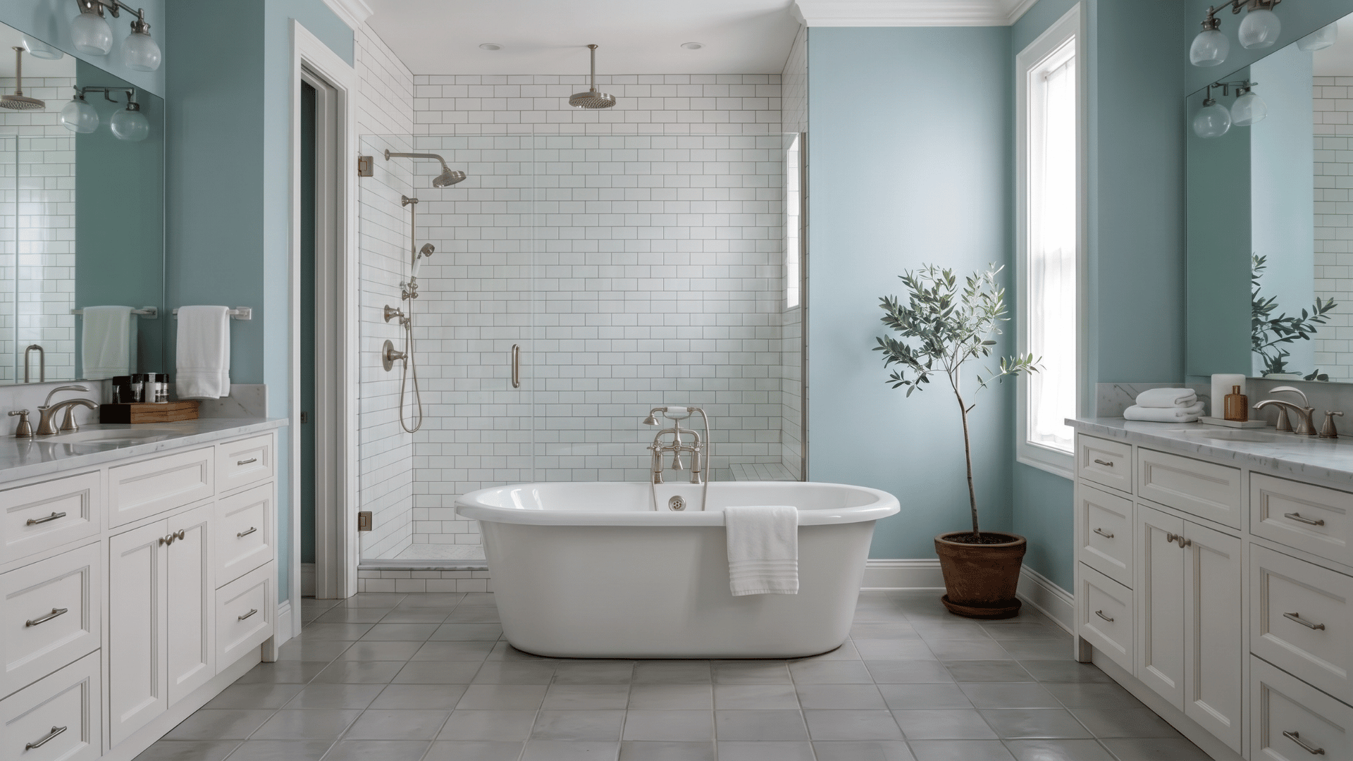 Bright bathroom with Santorini Blue walls, white subway tile shower, freestanding tub, and soft natural light throughout.