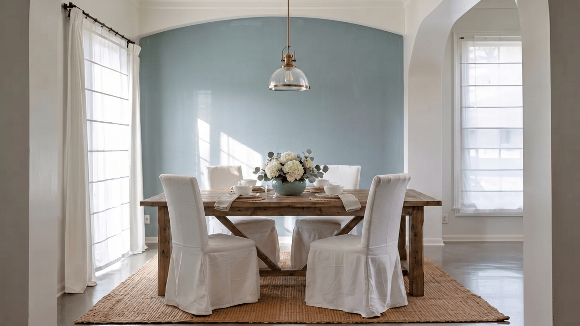 Bright dining space with soft Santorini Blue walls, white furniture, natural light, and fresh greenery for a calm airy feel.