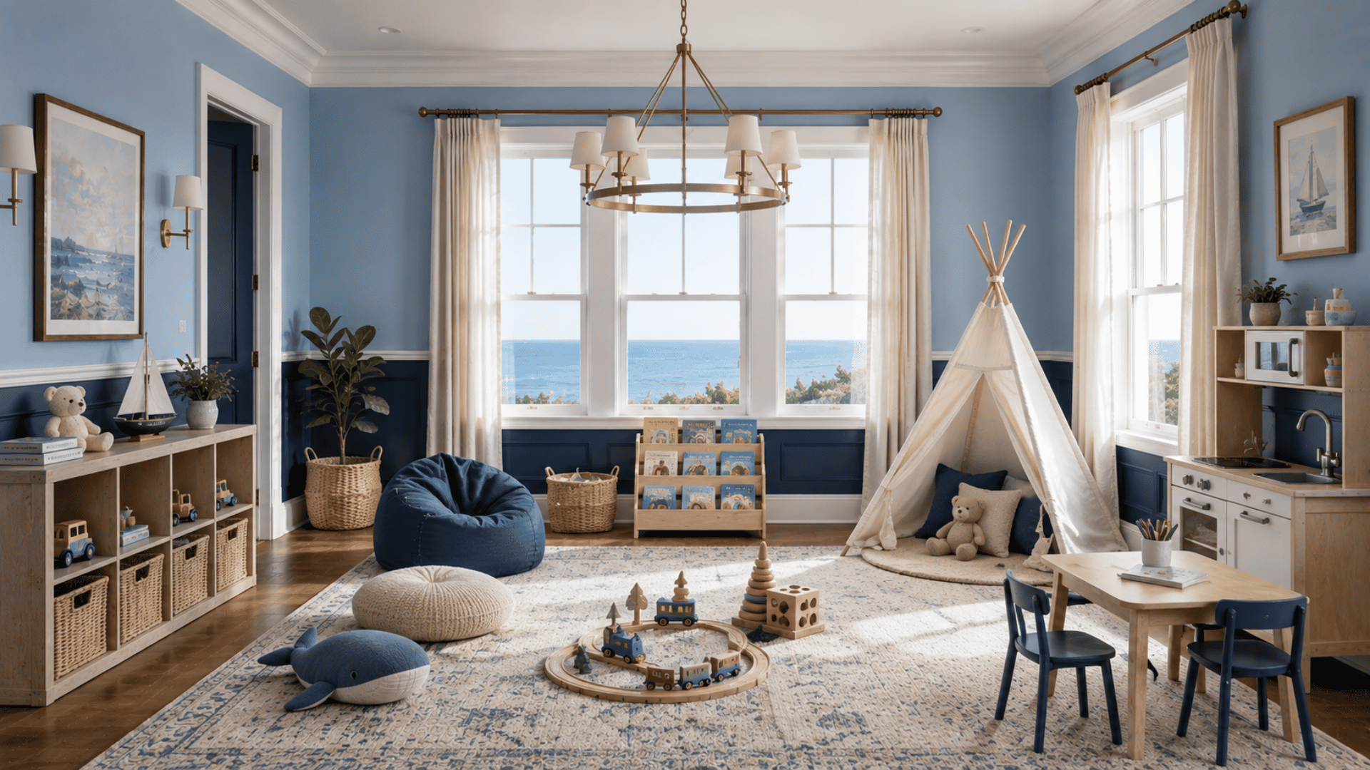 Coastal-inspired kids playroom with Santorini Blue walls, navy accents, soft textures, and natural light from large windows.