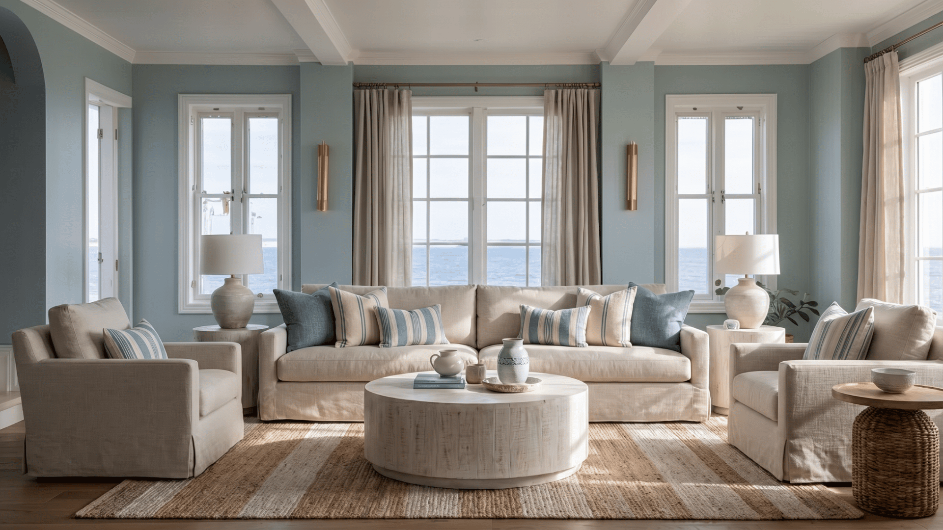 Coastal living room with Santorini Blue walls, soft neutral furniture, woven textures, and large ocean-view windows.