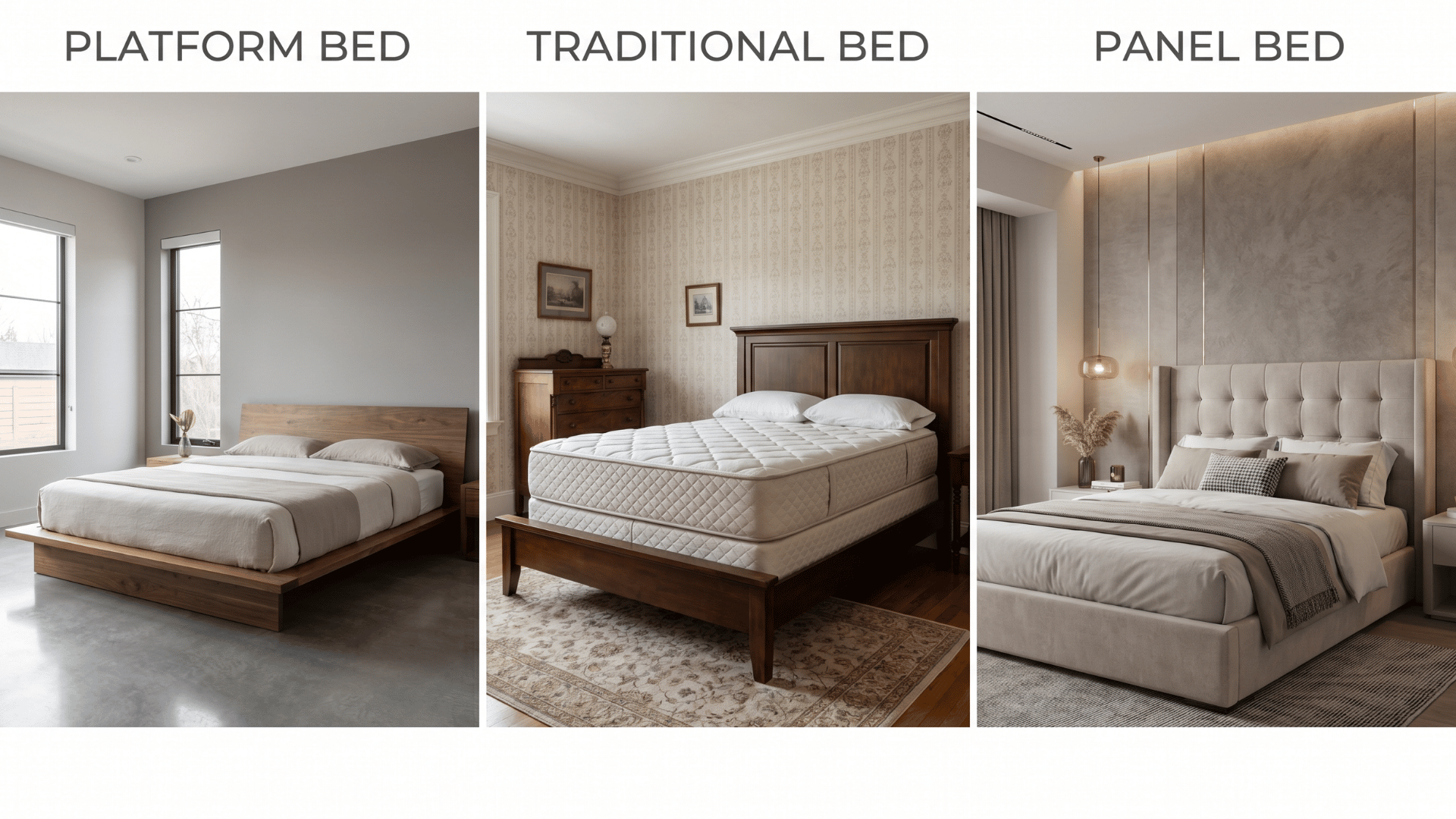 Collage showing platform, traditional, and panel beds in different bedroom styles