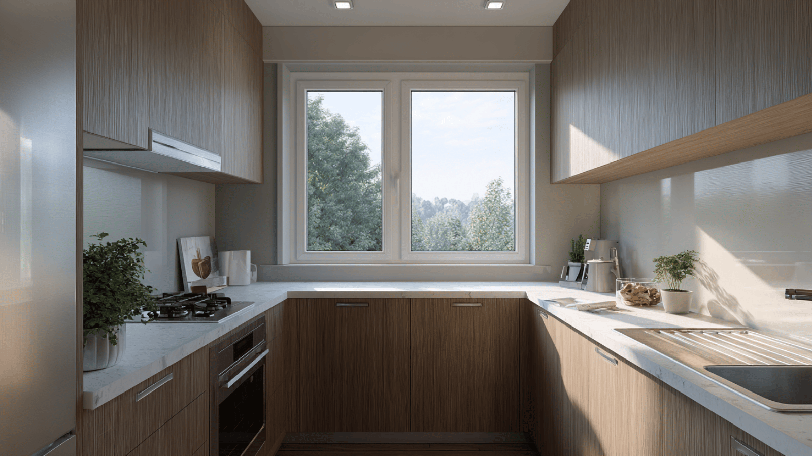 Compact kitchen window above sink with sliding design, natural light, cabinets, and space-saving layout.