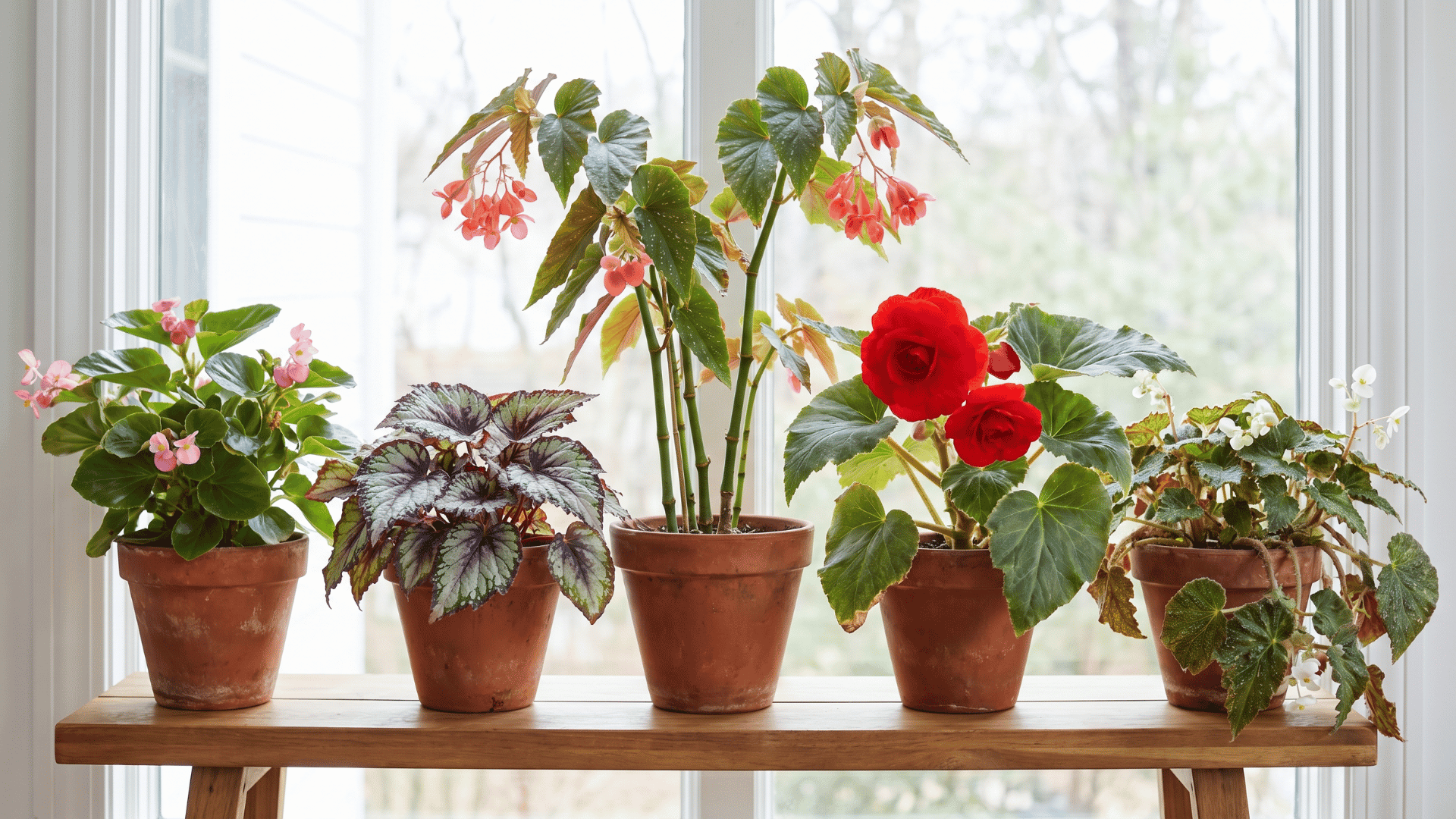 Different begonia varieties in pots showing varied leaf shapes and growth habits