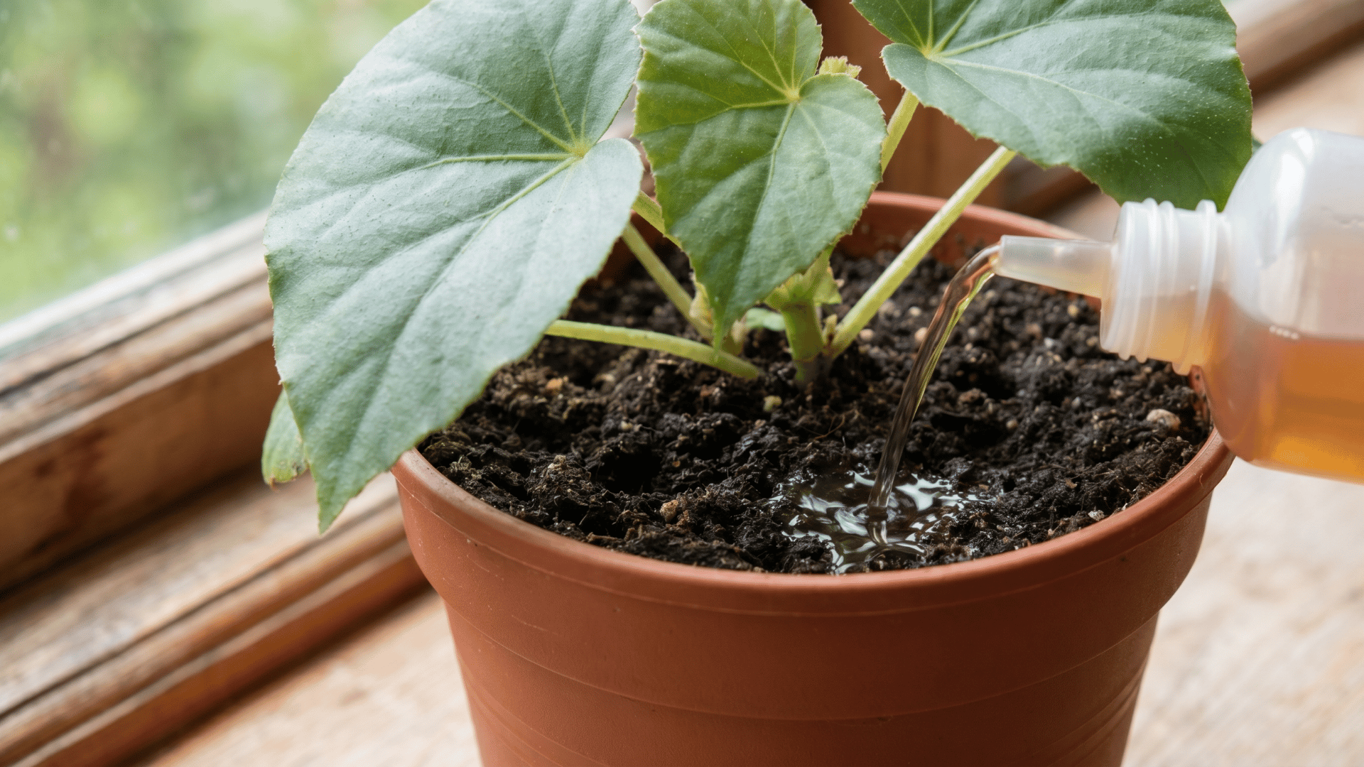 Diluted liquid fertilizer being poured into the soil of a healthy indoor begonia plant
