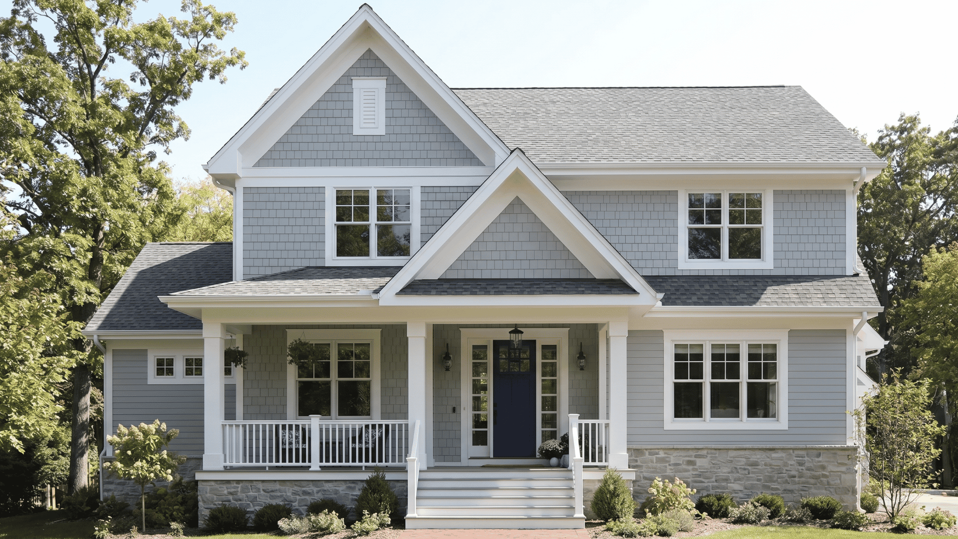 Front of a home painted Misty SW 6232, with blue-gray siding, white trim, stone foundation, and modern coastal style.