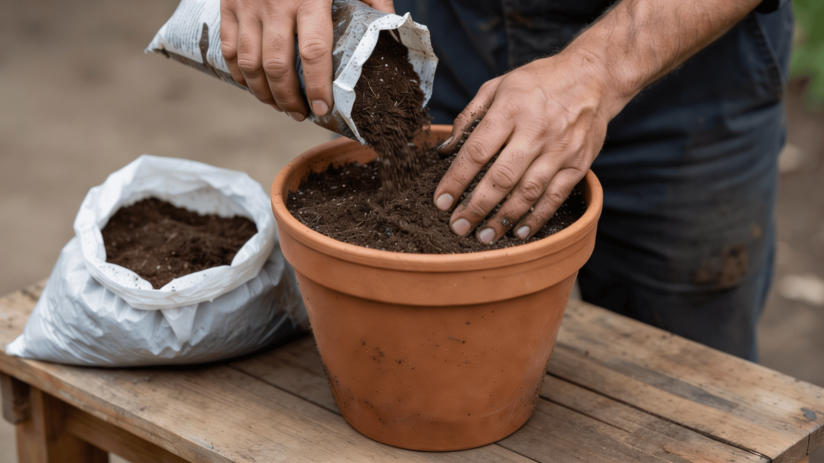 Hands mixing potting soil and granular fertilizer inside a large planting pot outdoors