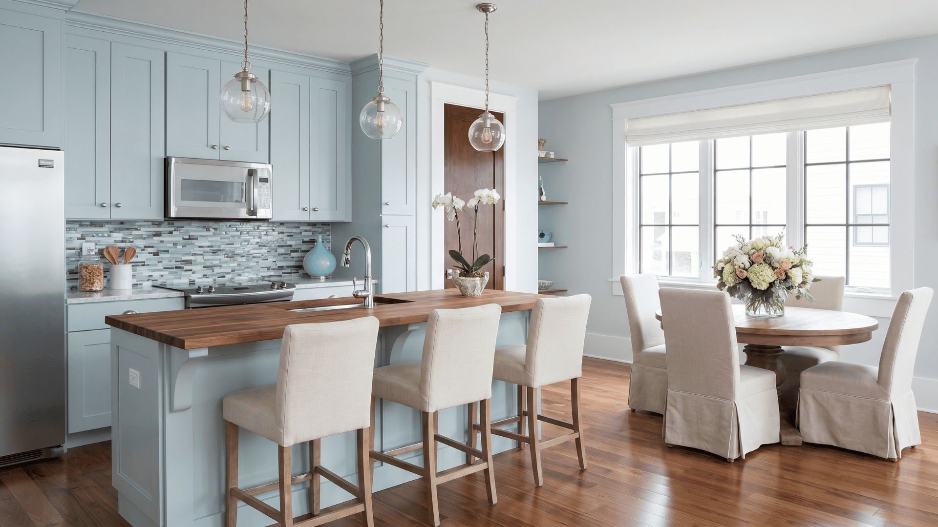 Kitchen with Misty SW 6232 cabinets, white countertops, wooden island, and pendant lighting over seating area