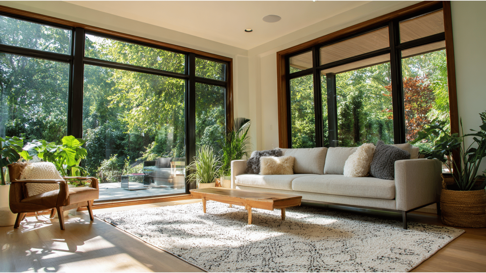 Large living room windows with natural light, sliding glass panels, and open outdoor views in a modern home.