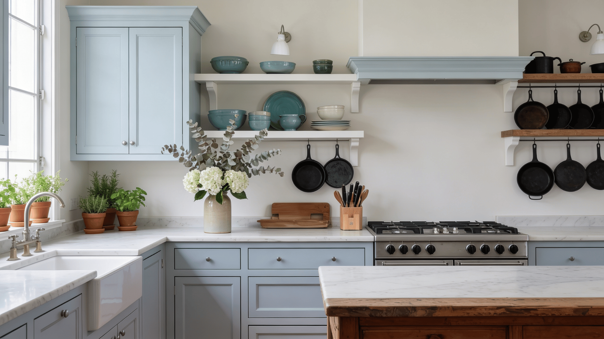 Light blue-gray kitchen cabinets with white countertops, open shelving, black cookware, and warm wood accents in a bright kitchen.
