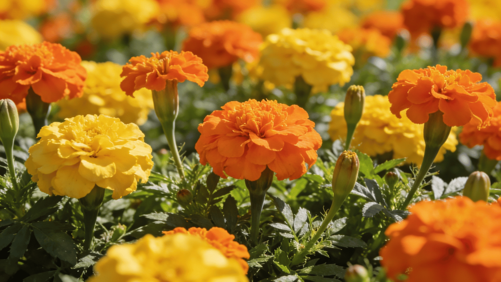 Marigold plants blooming in direct sunlight in an outdoor garden bed