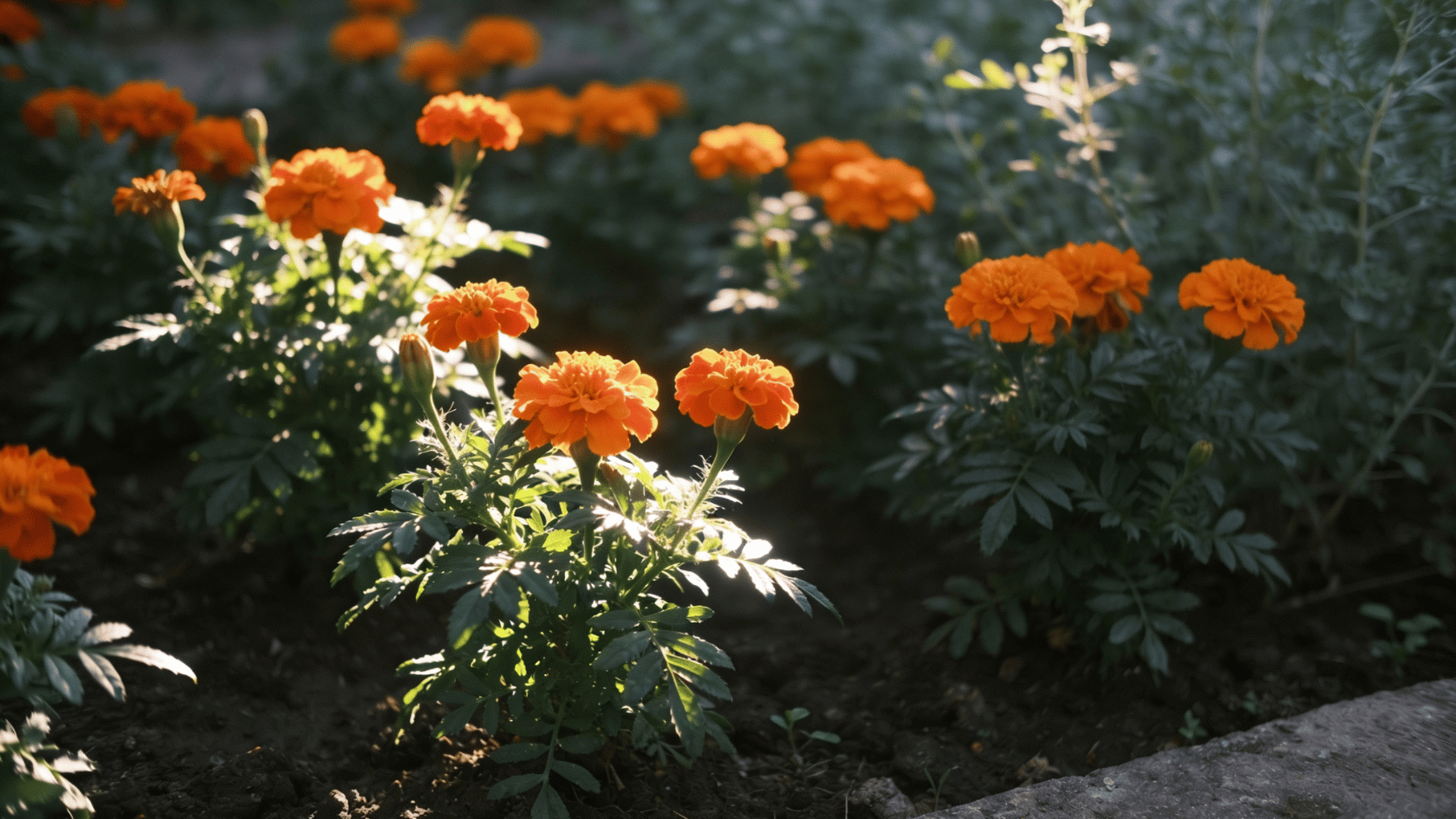 Marigold plants growing in partial shade with sunlight reaching part of the garden bed