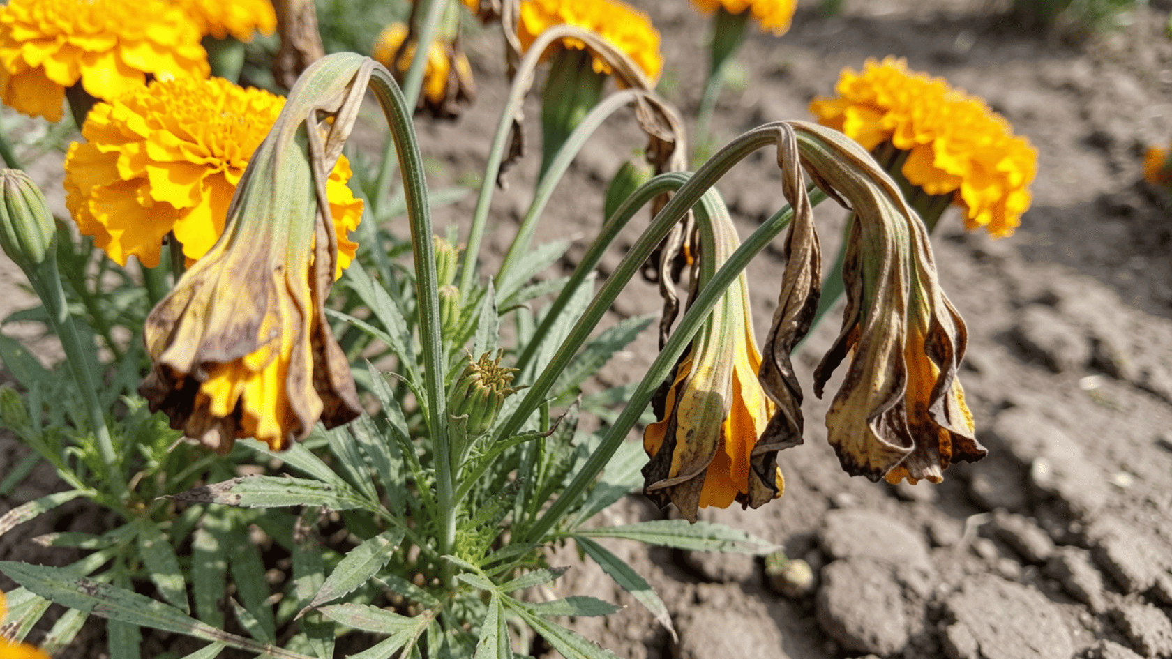 Marigold plants with wilted stems, faded flowers, and dry leaf edges in strong afternoon heat