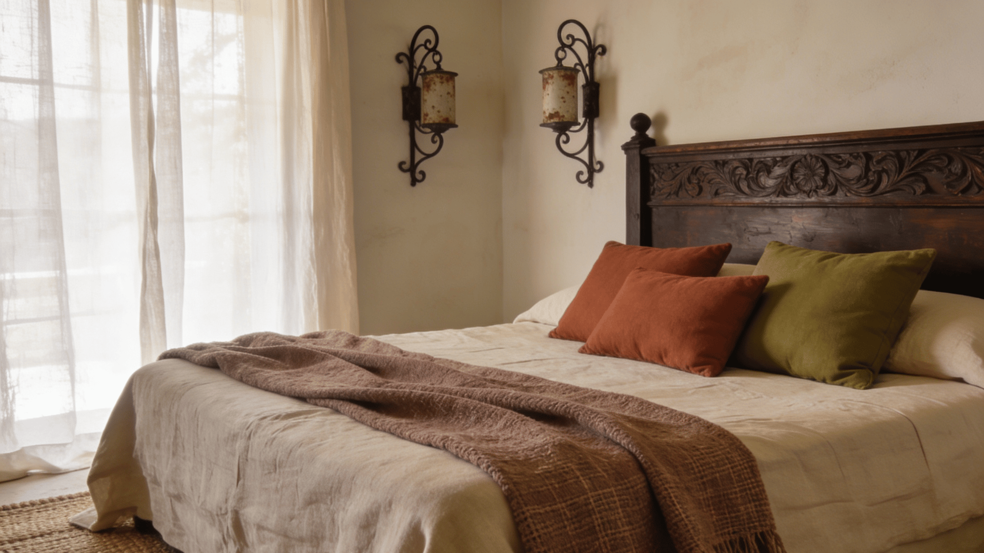 Mediterranean bedroom with carved wood headboard, wrought iron sconces, linen bedding, and earth-toned cushions.