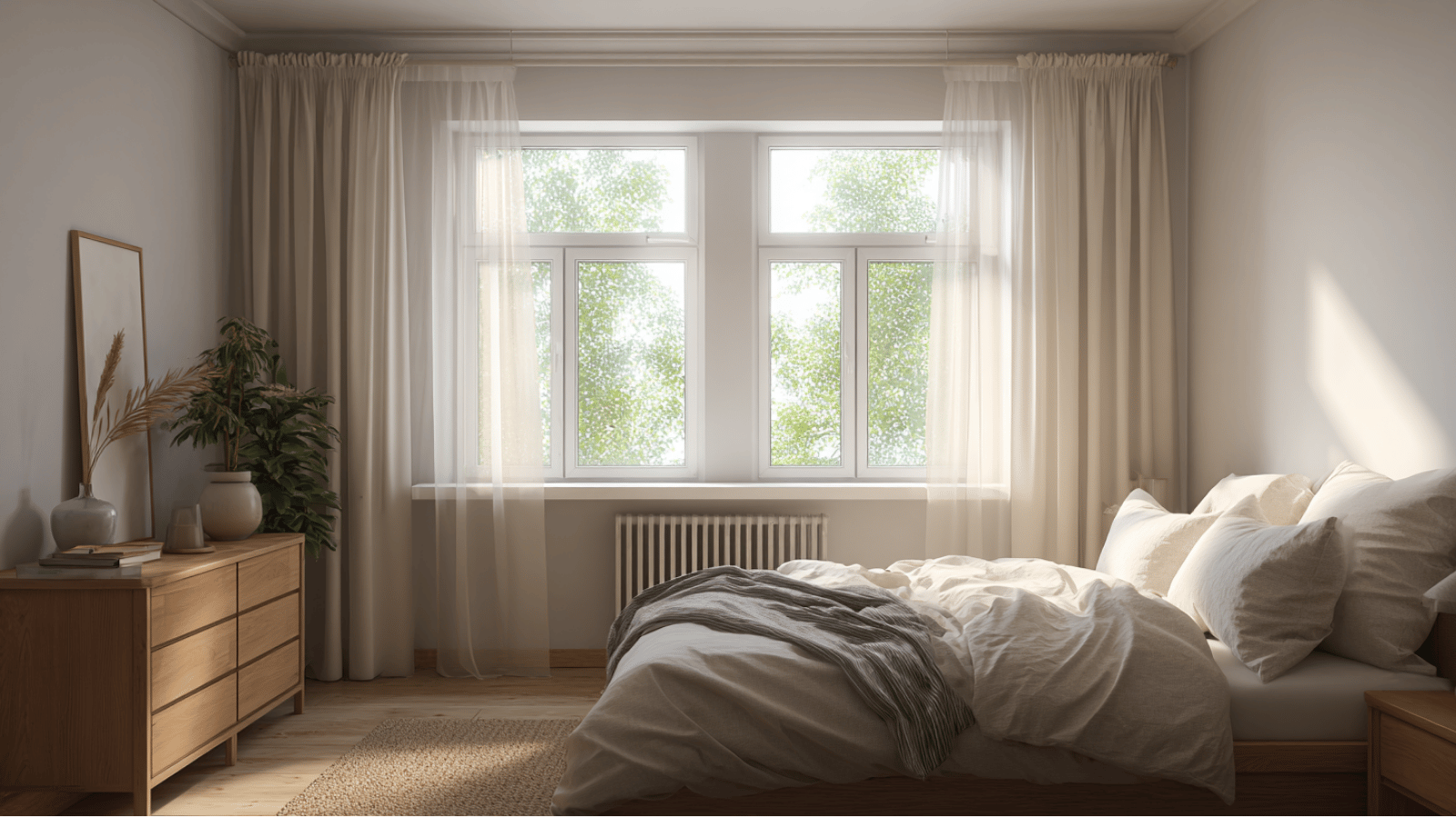 Medium bedroom windows with double-hung style, natural light, privacy curtains, and balanced furniture layout.