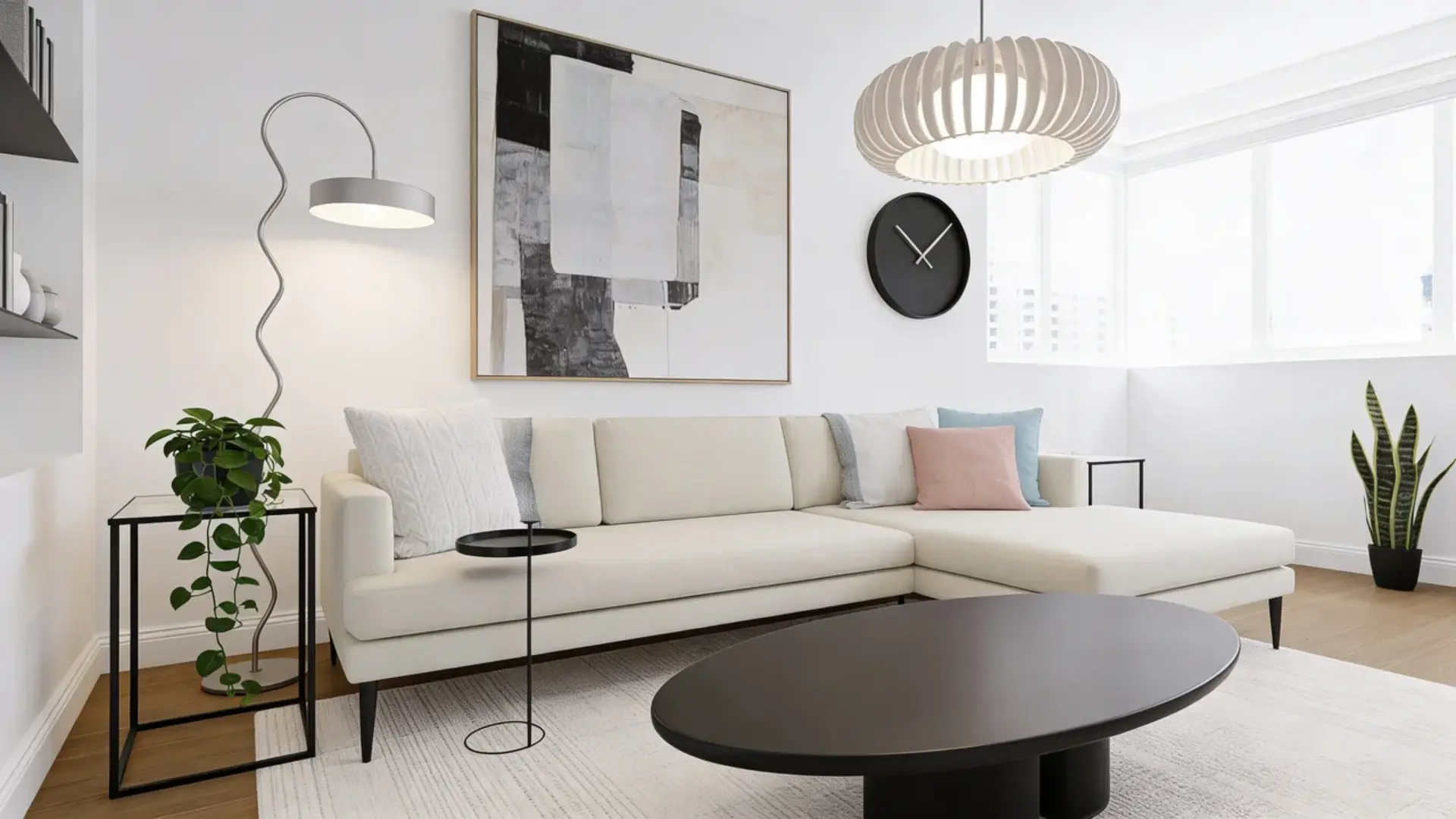 Minimalist living room with white sofa, modern lighting, abstract art, and plants.