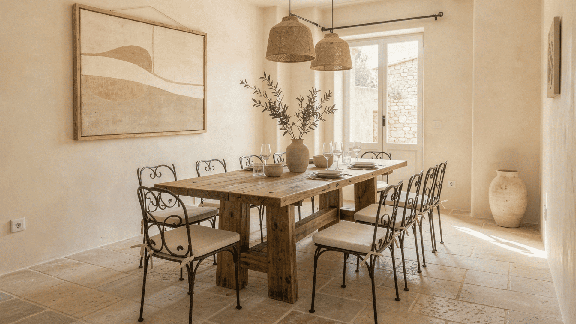 Modern Mediterranean dining room with reclaimed wood table, wrought iron chairs, stone floor, and limewash walls.