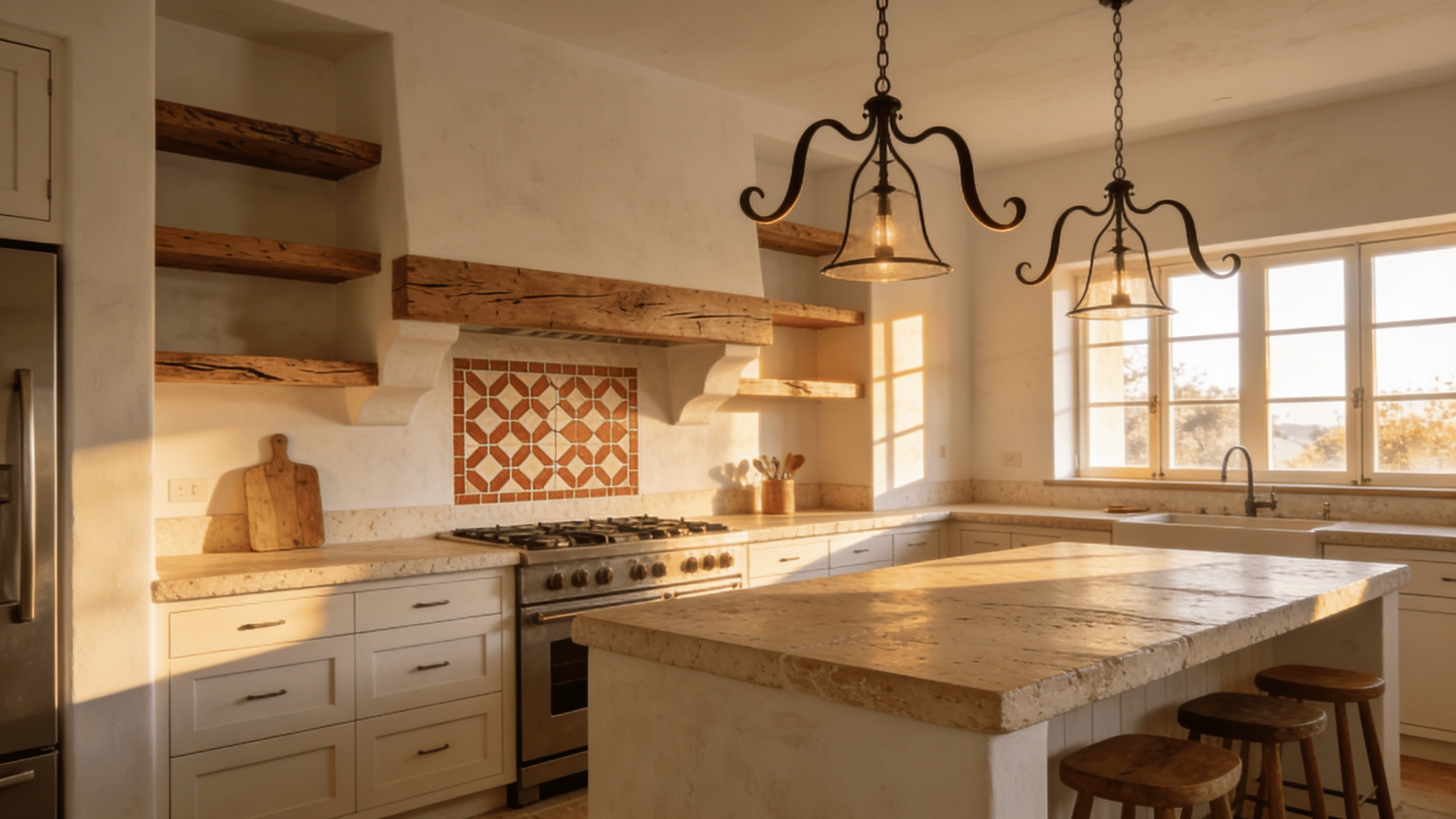 Modern Mediterranean kitchen with limewash walls, limestone countertops and terracotta mosaic backsplash