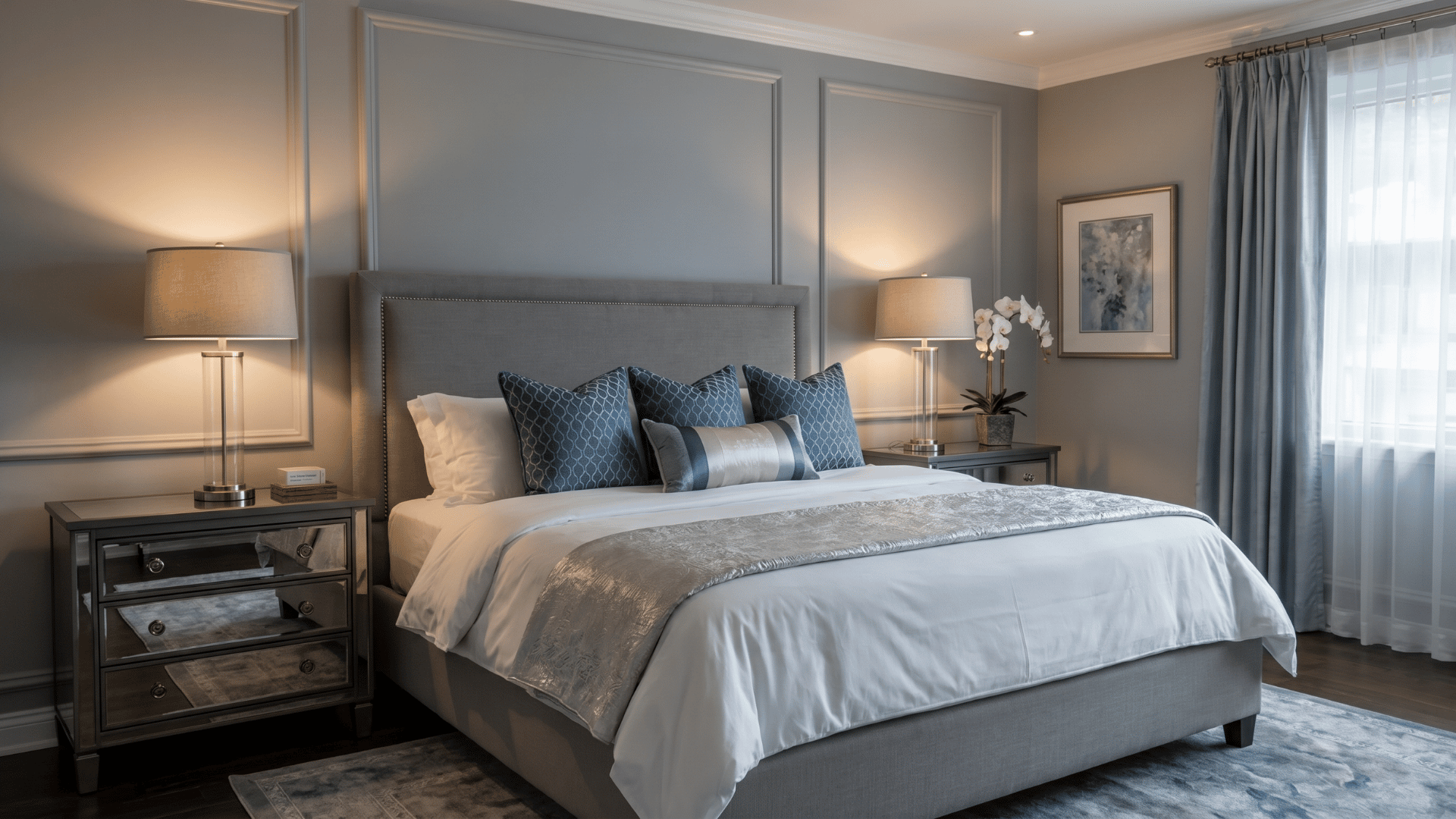 Modern bedroom with soft blue-gray walls, layered blue bedding, warm table lamps, and elegant neutral furniture accents.