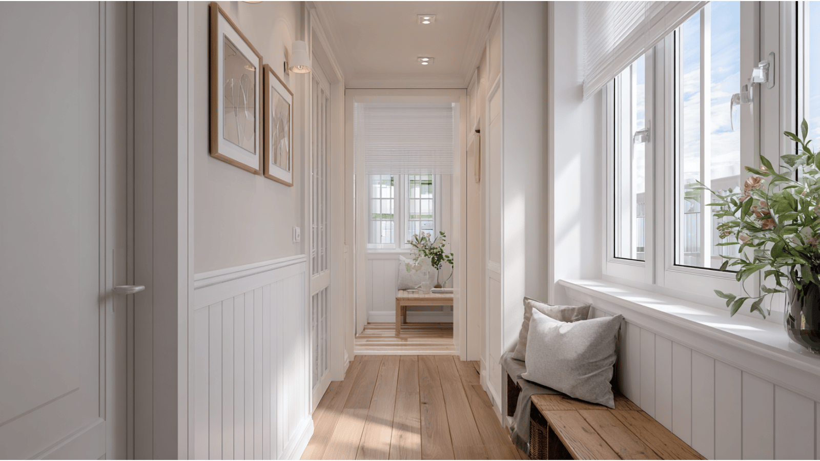 Modern hallway with narrow windows bringing natural light into a bright and airy interior space.