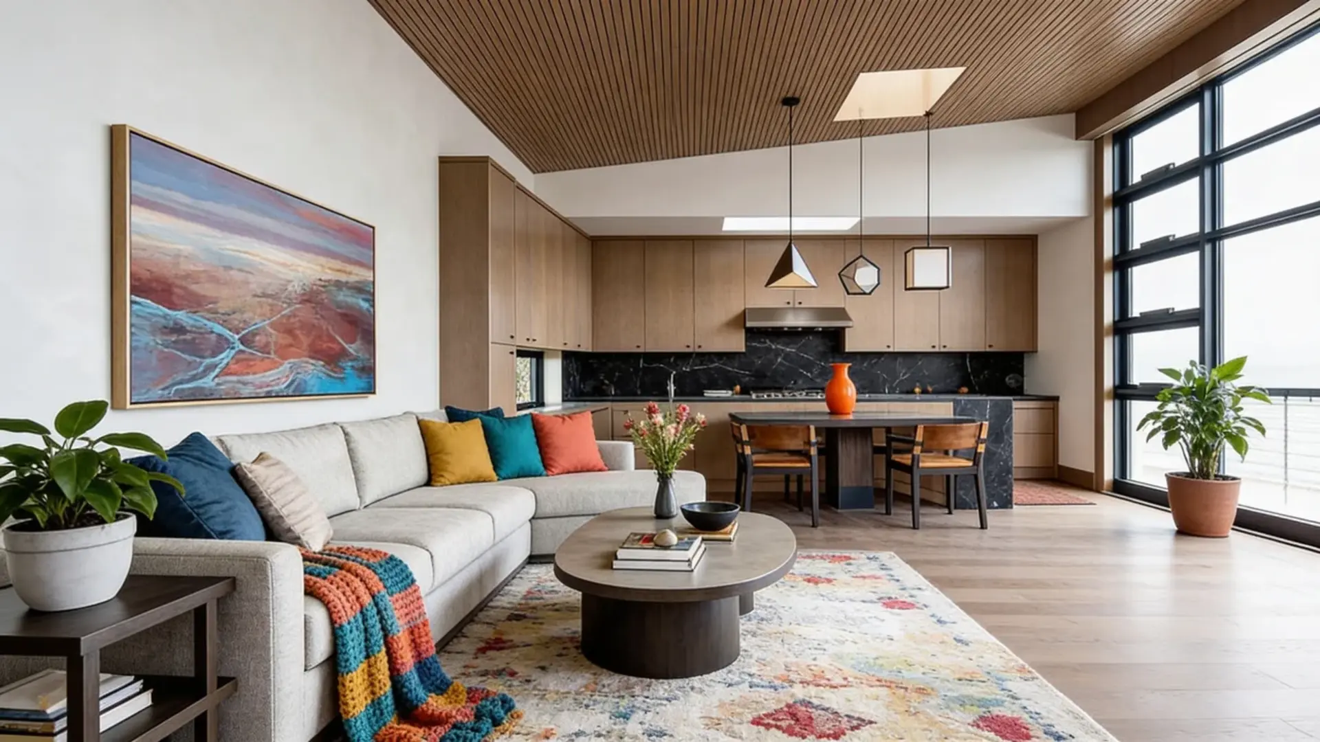 Modern open-plan living room with wood accents, colorful cushions, and sleek kitchen.