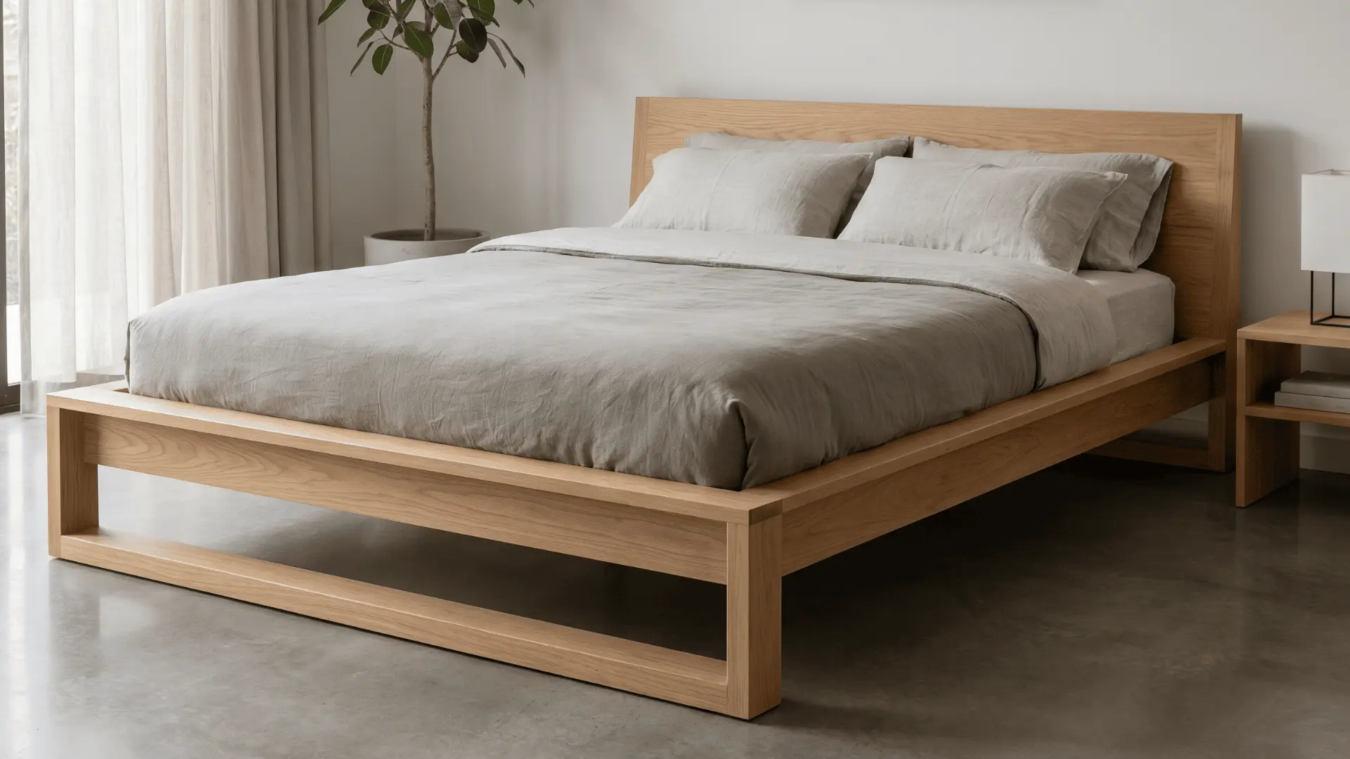 Modern platform bed with clean lines in a simple bedroom