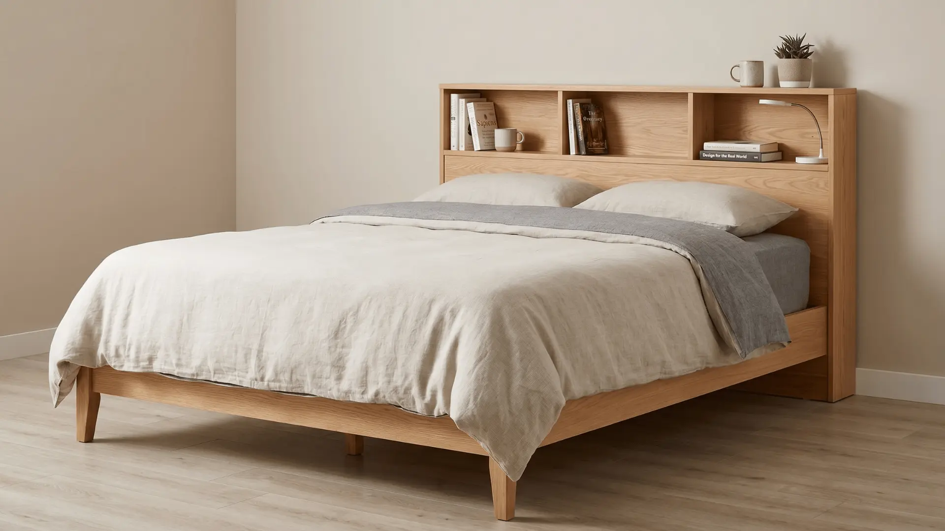Platform bed with headboard shelves holding books and small items in a bedroom