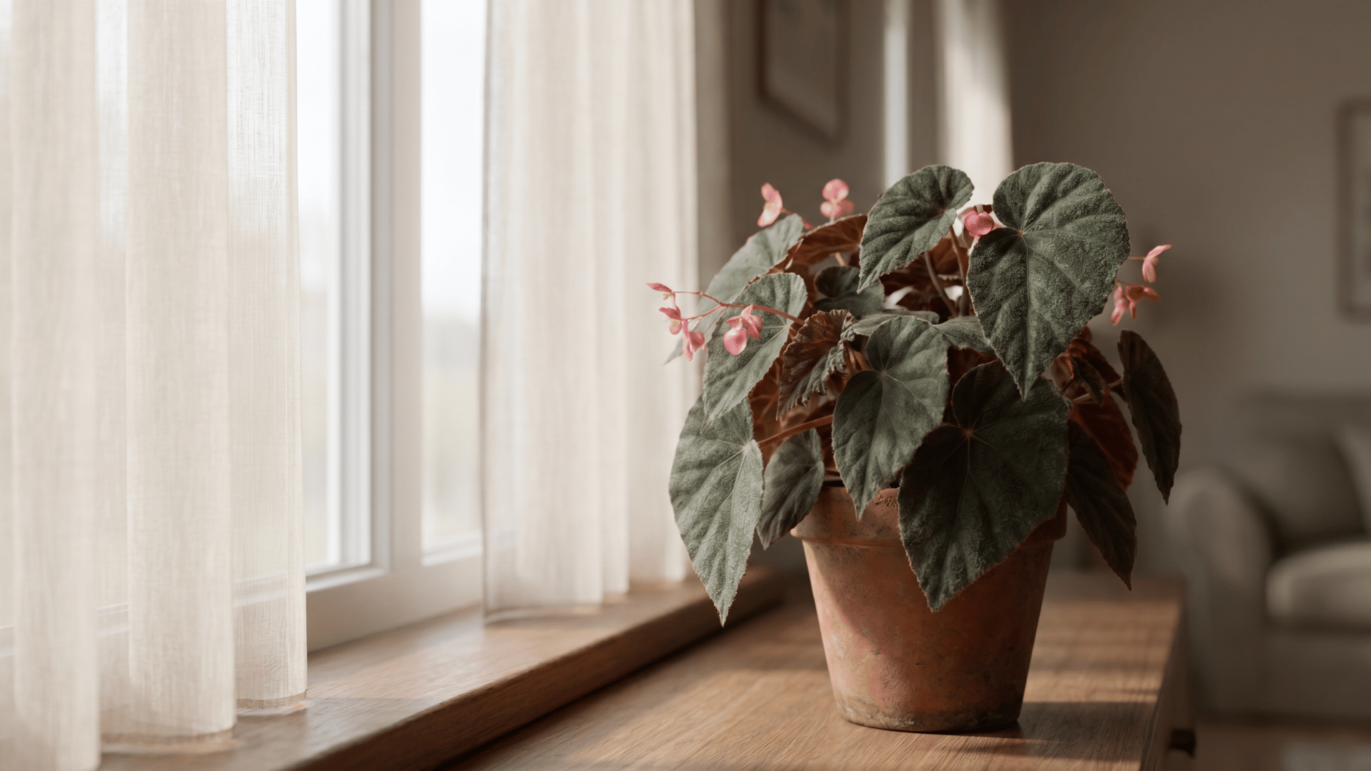 Realistic begonia plant near a bright window with soft filtered sunlight indoors