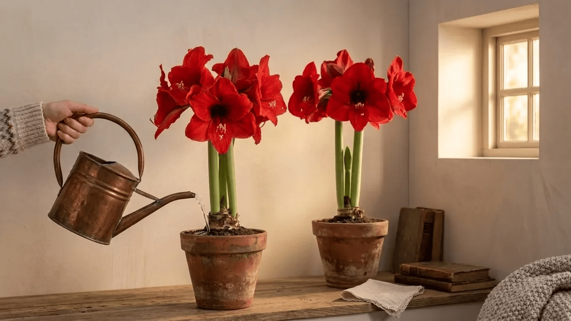 Red amaryllis flowers in clay pots being watered indoors near a sunny window.