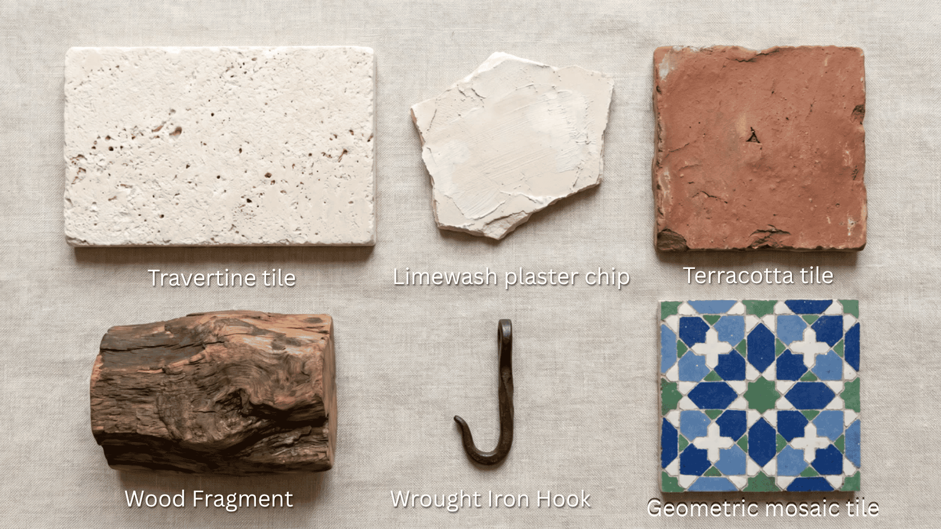 Six Mediterranean material samples travertine, limewash plaster, terracotta tile, raw wood, wrought iron hook, and mosaic tile.