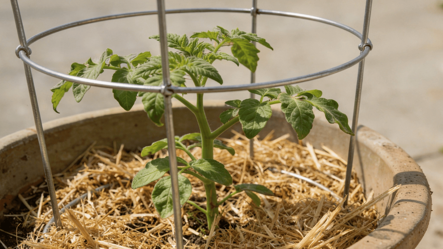 Tomato plant in a pot with straw mulch covering the soil around the stem base