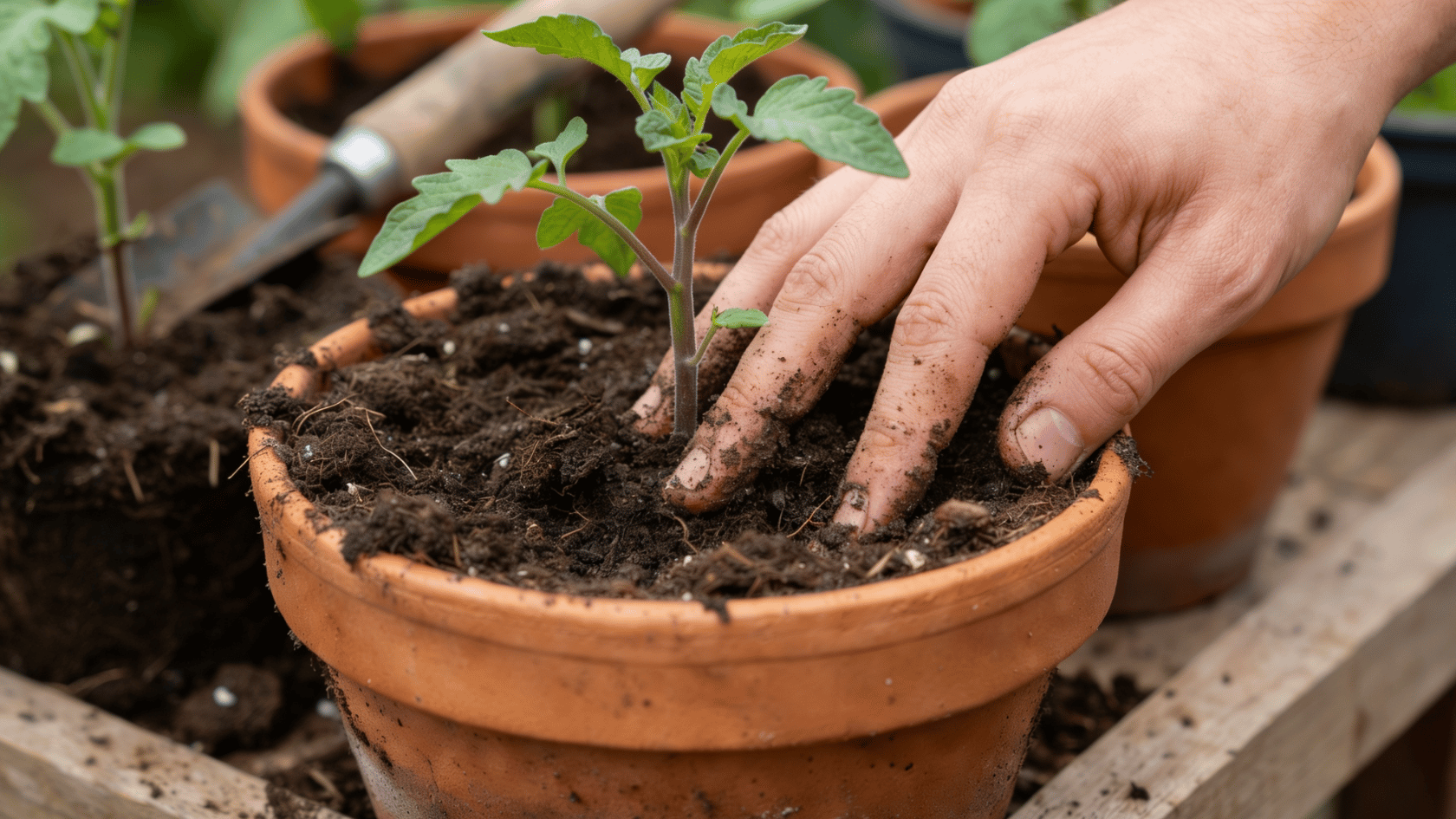 Tomato seedling planted deeply in a pot with lower leaves removed from the stem