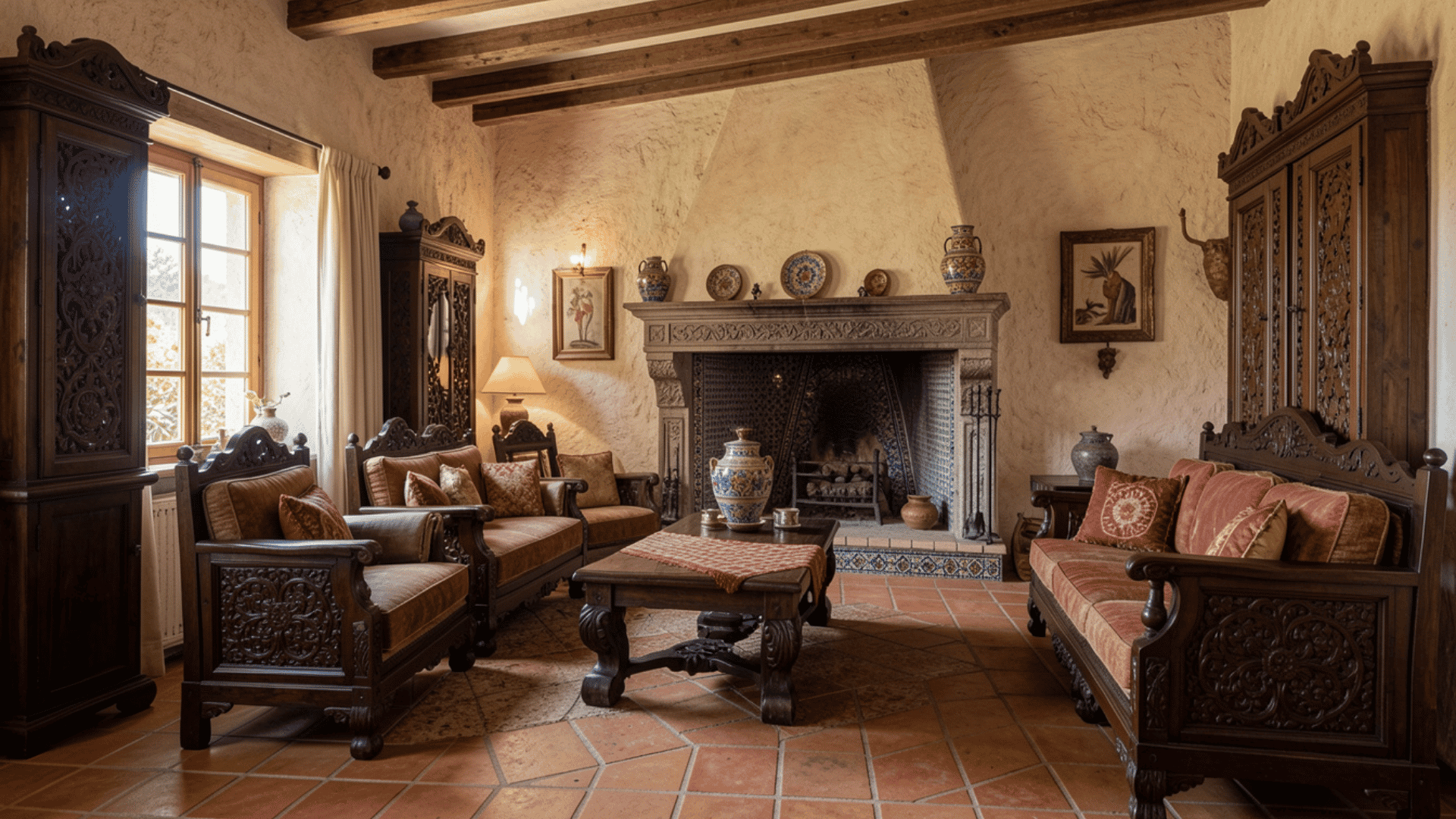 Traditional Mediterranean living room with terracotta floor, carved wood, exposed beams, and mosaic tile fireplace.Traditional Mediterranean living room with terracotta floor, carved wood, exposed