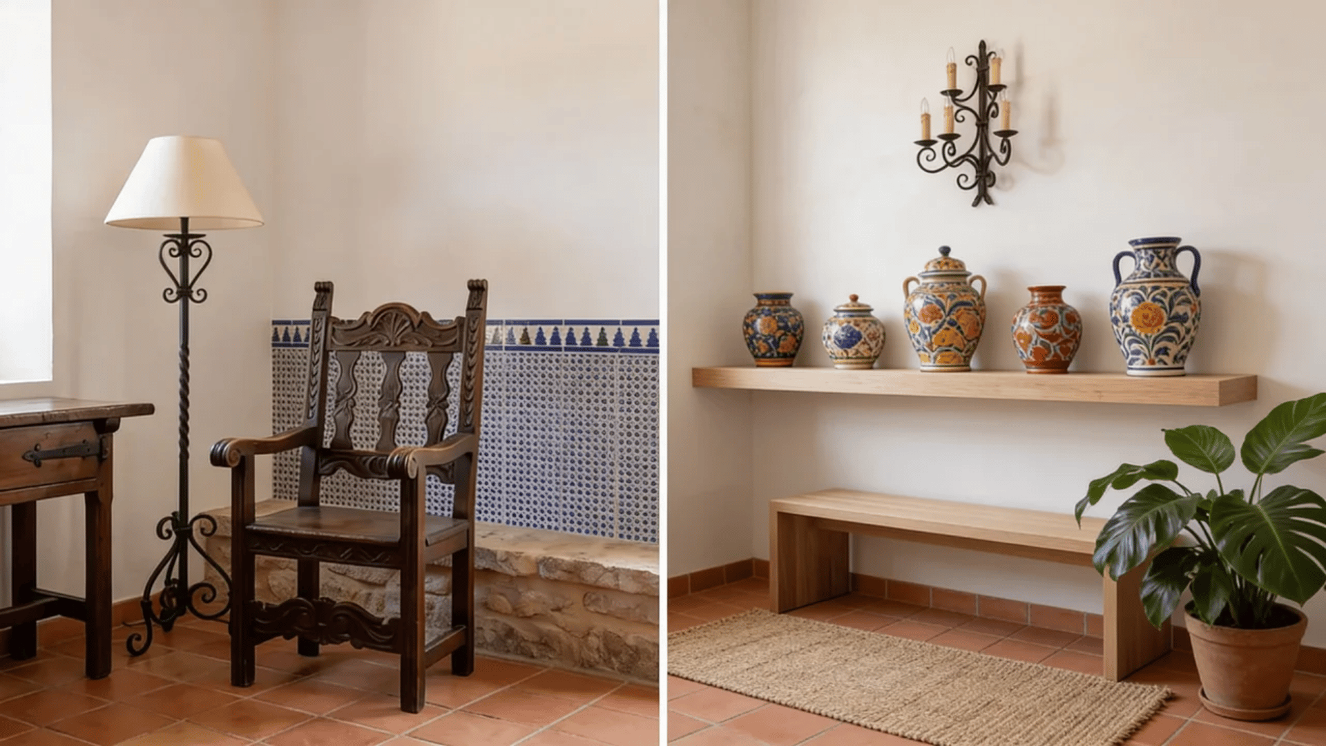 Traditional and modern Mediterranean interiors side by side comparison.