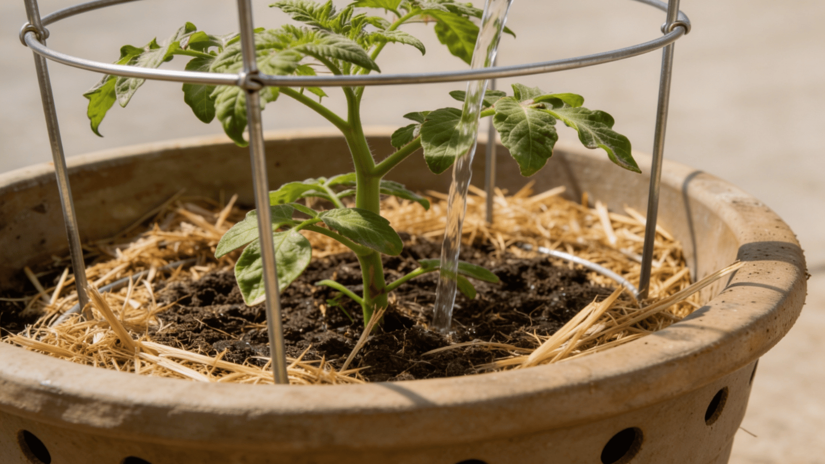 Water being poured into a tomato pot with excess water draining from the bottom holes