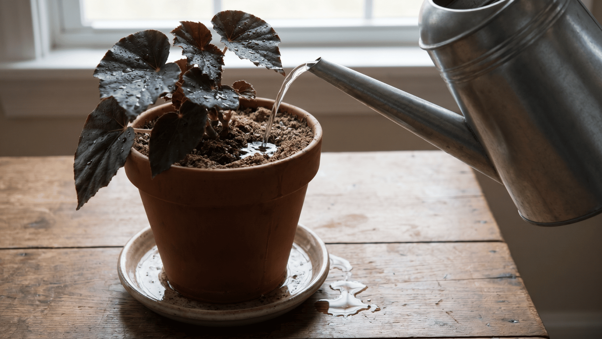 Watering can pouring water into a begonia pot with lightly dry soil indoors