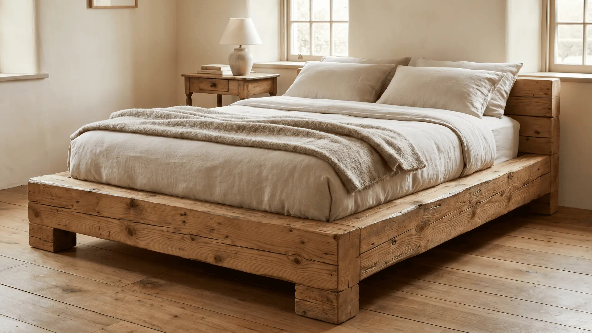 Wooden platform bed with thick frame and visible grain in a simple bedroom