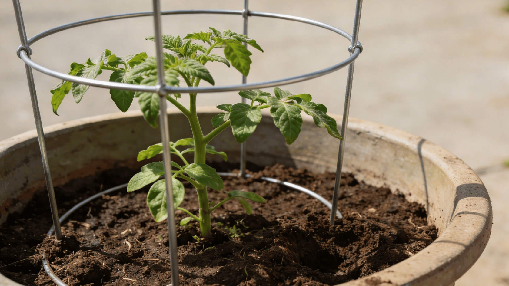 Young tomato plant in a pot with a metal cage and wooden stake installed beside it