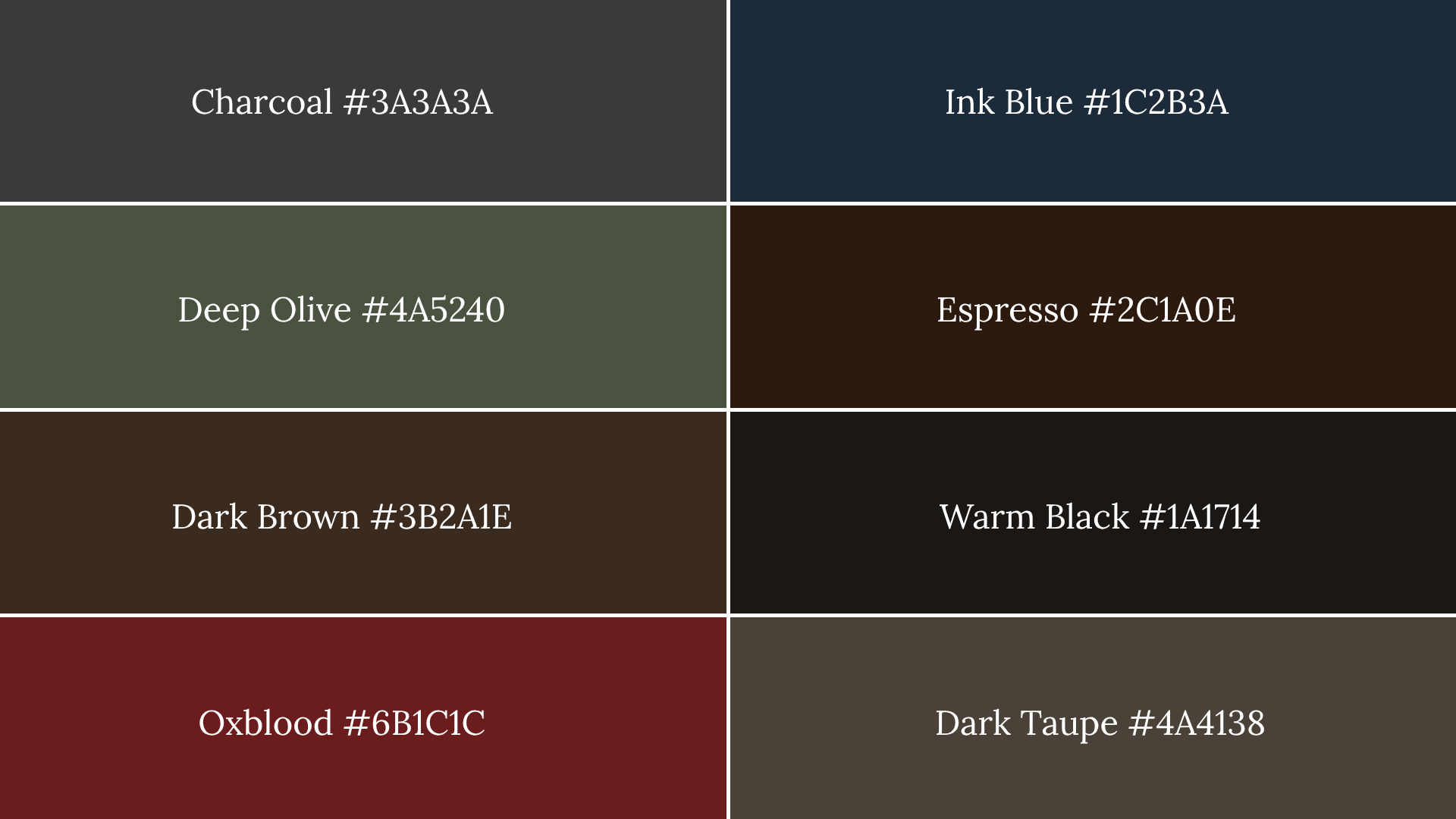 A 2x4 grid of 8 dark academia paint swatches with hex codes, featuring moody tones like deep olive, ink blue, charcoal, and oxblood.