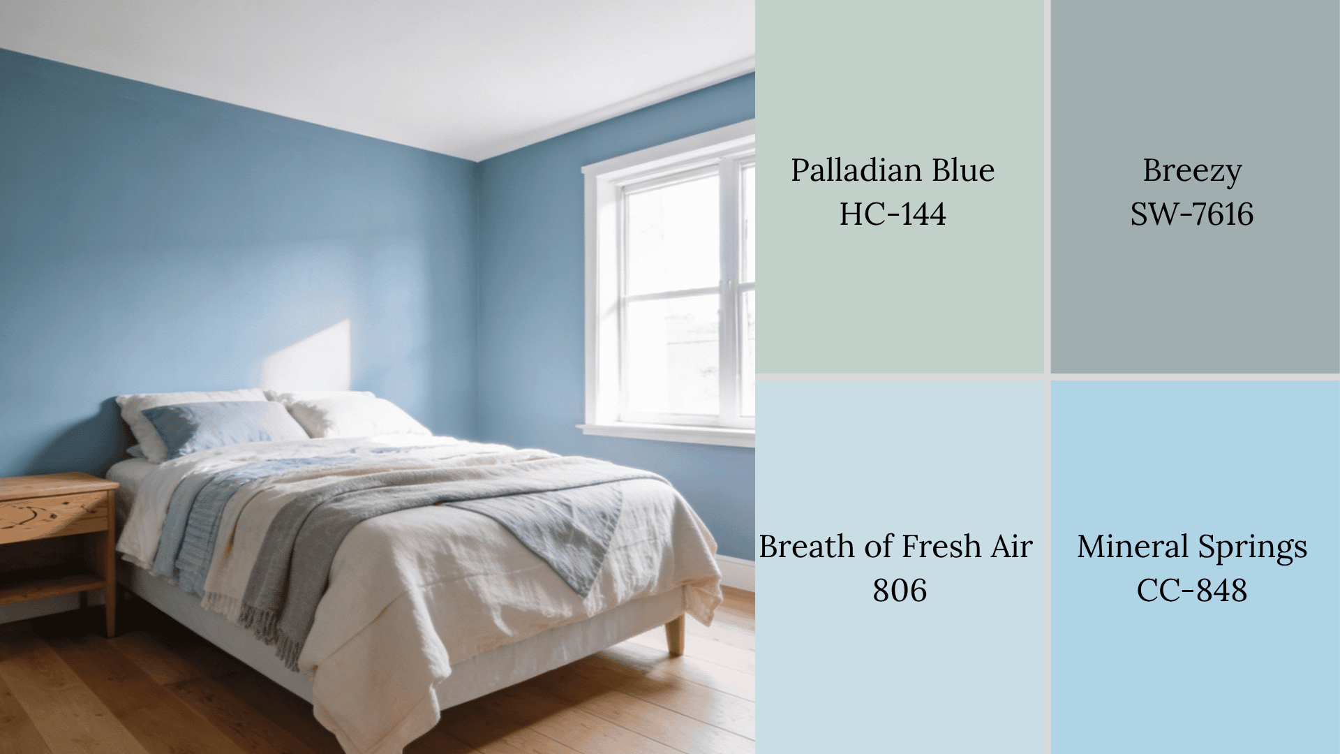 A bedroom with blue walls and a white bed, next to four paint swatches: Palladian Blue, Breezy, Breath of Fresh Air, and Mineral Springs.